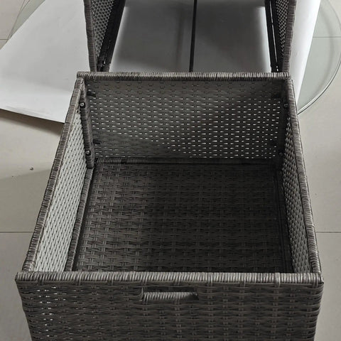 Open basket drawer of Valet Pool Towel Rack With Waterproof PE Plastic Rattan Wicker Storage Organizer For Indoor Outdoor Pools, Spas, And Hot Tubs, Towel Holder And Gear Caddy, 2 Shelves, 1 Basket Drawer, Mixed Gray.