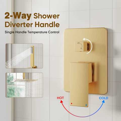 Gold 2-way shower diverter handle on tile wall with single handle temperature control, showing hot and cold flow directions