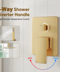 All Metal Brushed Gold Shower Head System with 2-Way Diverter Handle on tiled wall, showing hot and cold settings