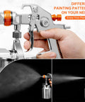 Pro Grade HVLP Siphon Paint Spray Gun Featuring 1000CC Aluminum Cup with adjustable spray pattern in hand.