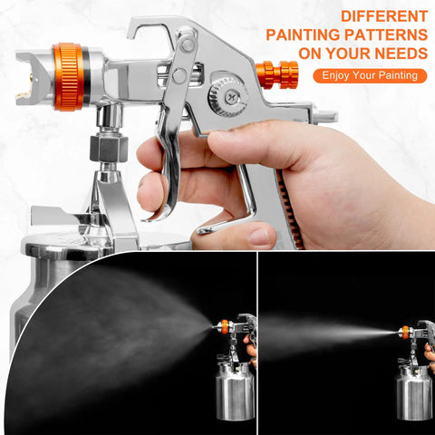 Pro Grade HVLP Siphon Paint Spray Gun Featuring 1000CC Aluminum Cup with adjustable spray pattern in hand.