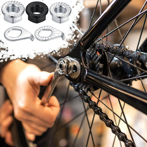 Installing 24Pcs Bicycle Axle Nut Kit with Safety Washers on bike, includes flanged wheel nuts for M8 M9.5 M10 hubs.