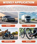 Image showing the applications of the 60 Piece Tire Repair Kit With Two Sizes Rubber Plugs And Vacuum Tire Plug Screws For Cars Motorcycles Trucks And Tractors Self Service Quick Fix Box Packaged with a sedan, truck, motorcycle, and bicycle.