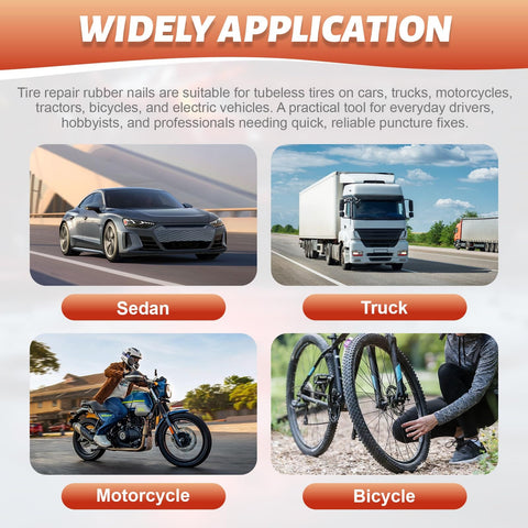 Image showing the applications of the 60 Piece Tire Repair Kit With Two Sizes Rubber Plugs And Vacuum Tire Plug Screws For Cars Motorcycles Trucks And Tractors Self Service Quick Fix Box Packaged with a sedan, truck, motorcycle, and bicycle.