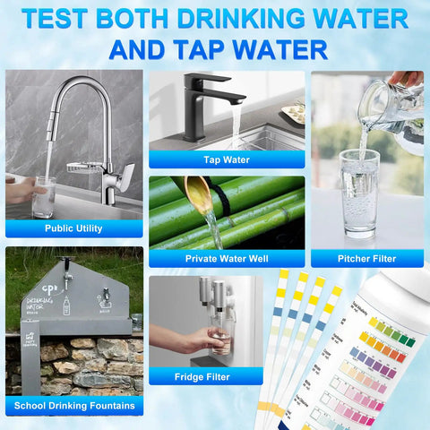 Legit Game Changer 8 In 1 Drinking Water Test Kit Featuring 50 Lead Detection Strips used in various water sources testing.