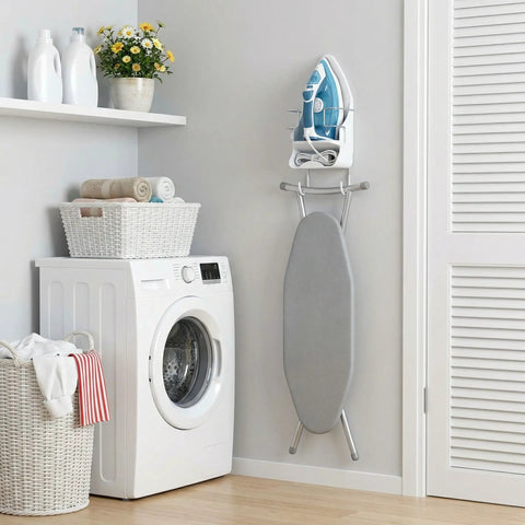 Super Handy Wall Mounted Iron And Ironing Board Hanger, Space Saving Organizer Shelf With Removable Hooks in a laundry room