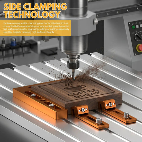 CNC Workpiece Positioning Rig For T Slot And Perforated Tables Side Clamp Woodworking Rig showcasing side clamping technology