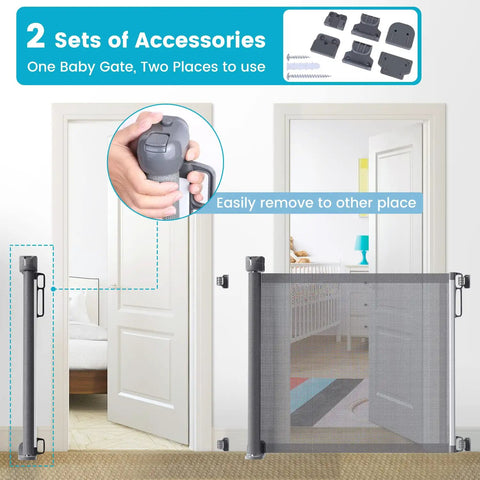 Retractable Baby Gate For Stairs And Doorways With Upgraded Double Lock 34 Inch Tall Extends Up To 72 Inch Wide Mesh Pet Gate installed