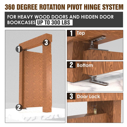 Hidden Door Pivot Hinges for Wood Doors, Heavy Duty Stainless Steel 200 Lb Load, Concealed Bookcase Cabinet Door Hinges, Rustproof