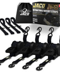 Auto Self Retracting Ratchet Straps 1 Inch By 15 Feet 4 Pack Heavy Duty Cargo Tie Down Straps With 1,760 Lbs Break Strength And 586 Lbs Load Capacity Black Pro Grade Construction For Tough Jobs displayed in front of packaging and storage bag