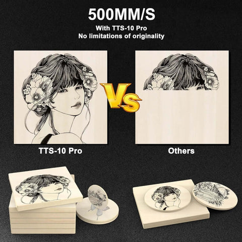 Front view of Twotrees TTS-10 Pro laser engraver: wooden panels and coasters with engraved portrait