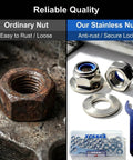 Comparison of rusty nut with new stainless components from All-In-One 61-Piece M8 Stainless Steel Lock Nut And Flat Washer Kit With 13mm Open-End Wrench