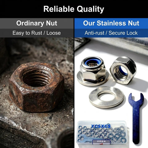 Comparison of rusty nut with new stainless components from All-In-One 61-Piece M8 Stainless Steel Lock Nut And Flat Washer Kit With 13mm Open-End Wrench