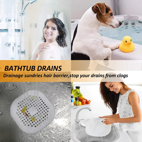 Square Silver Grey Hair Drain Catcher With Strong Suction Cup in a shower, catching hair and soap in a modern bathroom setting.