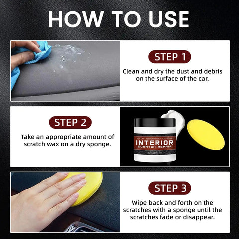 Interior Car Scratch Repair Wax For Dashboard And Plastic Trim Quick Scratch Remover That Restores Shine, application steps guide