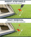 Heavy Duty Screw In Tent Stakes Eight Inch Ground Anchors Metal Stakes For Camping Includes Hex Head Driver And Sturdy Storage Bag 20 Pack Bright Orange Finish being used to secure a tent at 60 degree angle on grass.