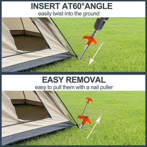 Heavy Duty Screw In Tent Stakes Eight Inch Ground Anchors Metal Stakes For Camping Includes Hex Head Driver And Sturdy Storage Bag 20 Pack Bright Orange Finish being used to secure a tent at 60 degree angle on grass.