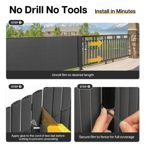 Installation steps for PVC Privacy Fence Screen 14mm 3 Rib Reinforced Textured Panel No Drill for Balcony and Garden Cladding.