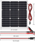 50W 12V Solar Panel Kit Waterproof Battery Trickle Charger Maintainer, monocrystalline panel with cables and dimensions shown
