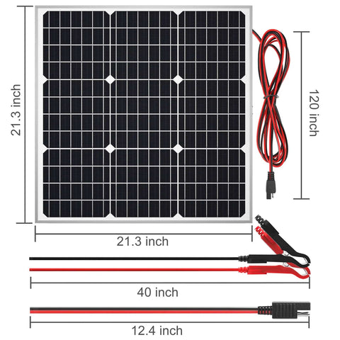 50W 12V Solar Panel Kit Waterproof Battery Trickle Charger Maintainer, monocrystalline panel with cables and dimensions shown