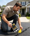 Man applying Heavy Duty Concrete Crack Filler Zero Hassle Quick Dry Sealer For Driveways And Patios on asphalt surface.