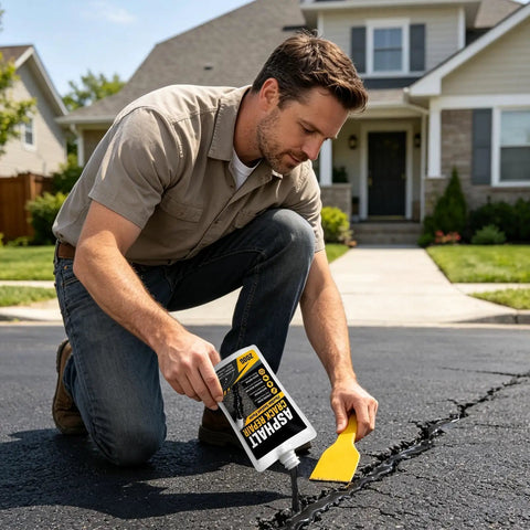 Man applying Heavy Duty Concrete Crack Filler Zero Hassle Quick Dry Sealer For Driveways And Patios on asphalt surface.