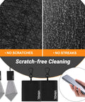 Front view: gray two-sided microfiber glasses cleaning cloths with pouch and keychain, 4x6 in, VRHGL branding