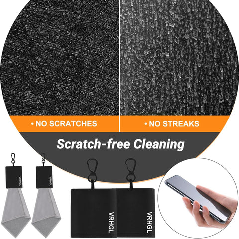 Front view: gray two-sided microfiber glasses cleaning cloths with pouch and keychain, 4x6 in, VRHGL branding