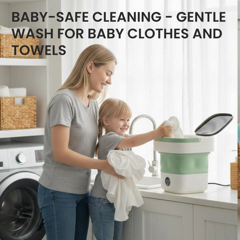Totally Foldable Hella Portable Washing Machine With Heavy Duty Spin Basket And Three Fast Wash Cycles Super Compact 16 Liter Mini Laundry Drum For College Dorms And Weekend Trips in use for gentle baby clothes washing.