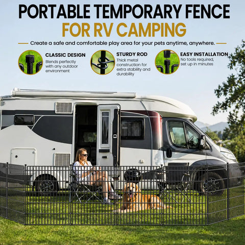 Easy To Install No Dig Garden Fence With Gate 44 Inch High 23.6 Foot Long Decorative Metal Outdoor Dog Fence Rustproof Pet Fencing For Yard Patio Garden Bed Temporary Fence For Pets set up near an RV with a person and dog inside.