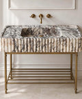 Calacatta Viola Marble Fluted Sink, Hand-Carved Rectangular Bathroom Vanity Basin, natural stone wall-mounted design with golden brass stand.