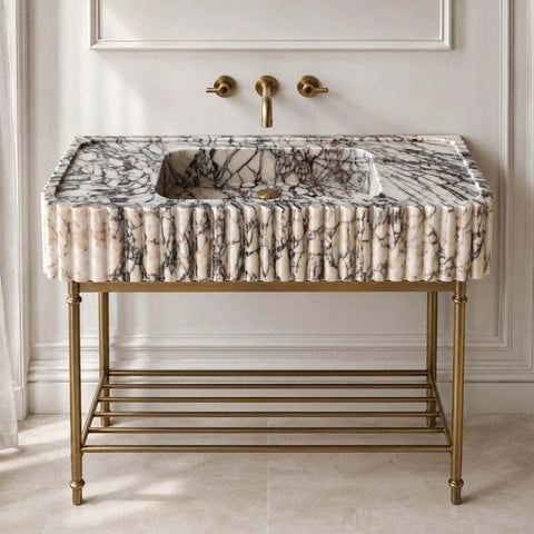 Calacatta Viola Marble Fluted Sink, Hand-Carved Rectangular Bathroom Vanity Basin, natural stone wall-mounted design with golden brass stand.
