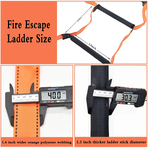 9.8 Feet Fire Escape Rope Ladder For Home Emergency Use showing size with polyester webbing and ladder stick measurements.