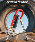 Beefed Up Heavy Duty Tire Pressure Gauge With Inflator And Dual Head Chuck 10-120 PSI Range ANSI B40.1 in desert setting
