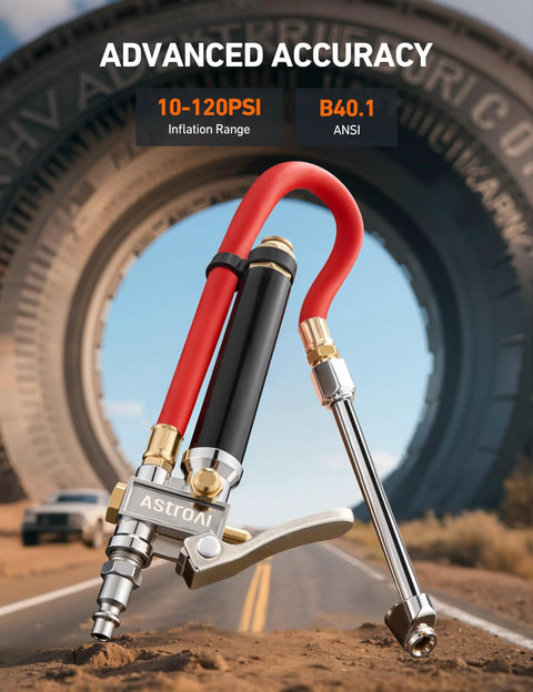 Beefed Up Heavy Duty Tire Pressure Gauge With Inflator And Dual Head Chuck 10-120 PSI Range ANSI B40.1 in desert setting