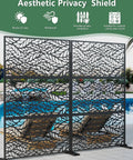 Metal Outdoor Privacy Screen Set Of 2 Freestanding Privacy Fence Panels by a pool, leaf pattern in black finish.