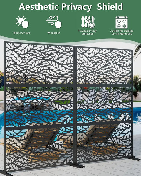 Metal Outdoor Privacy Screen Set Of 2 Freestanding Privacy Fence Panels by a pool, leaf pattern in black finish.