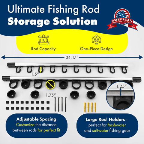 Versatile Fishing Rod Holder For Garage Organization And Wall Storage displaying adjustable rod spacing and hardware