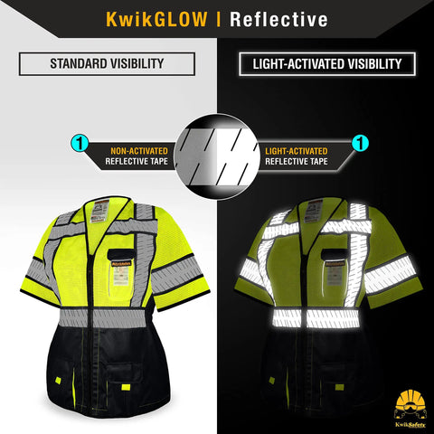 Women Class 3 High Visibility Safety Vest Featuring Cinched Elastic Waist Four Roomy Utility Pockets Snug Contour Tailored Hustle Ready Workday Essential in standard and light-activated visibility.
