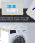Ironing Mat For Any Flat Surface Portable Magnetic Ironing Pad shown on washing machine with magnets securing edges