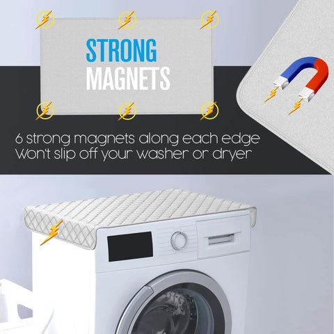 Ironing Mat For Any Flat Surface Portable Magnetic Ironing Pad shown on washing machine with magnets securing edges