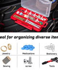 4 Piece Red Portable Transparent Plastic Small Parts Organizer Case Set With Removable Dividers on a workbench.