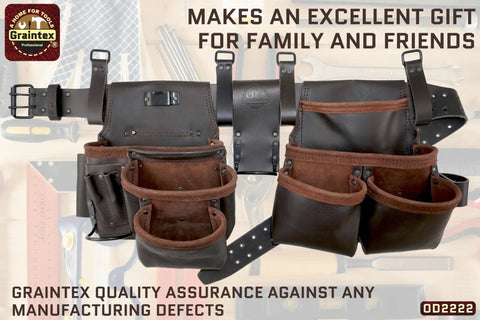 Front view of 13 Pocket Framers Tool Belt Set with 4 Pc Leather Pouch Kit, includes 2 inch heavy duty belt and hammer holder.