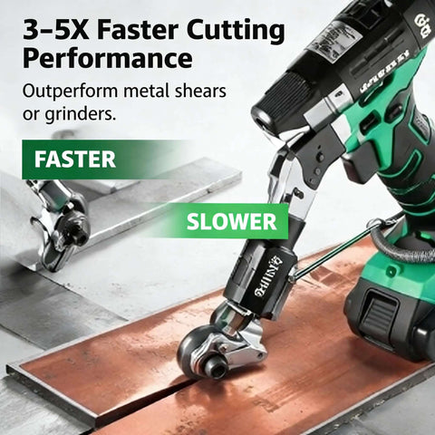 Drill Nibbler Attachment for Sheet Metal Cutting turns your drill into a fast burr free metal cutter with titanium coating shown cutting metal