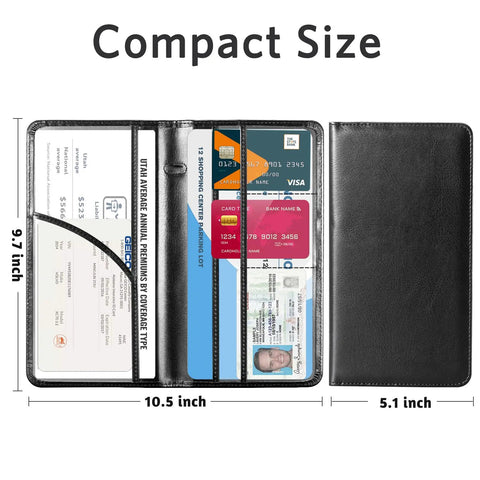 Open view of Car Registration And Insurance Holder With Magnetic Closure Slim PU Leather Vehicle Glove Box Organizer showing cards and documents