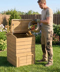 Man using Solid Wood Compost Bin 48 Gallon Outdoor Bin With Lockable Sliding Door Flip Top Opening Gas Rods Beefy Build