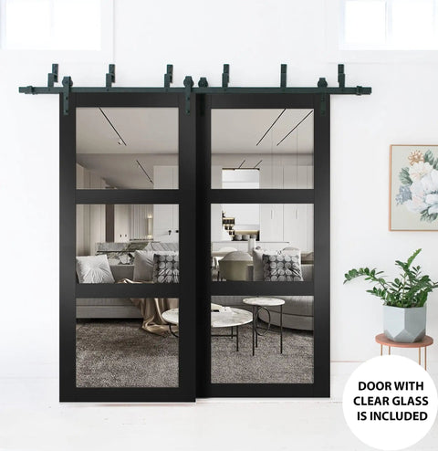Interior Barn Bypass Sliding Doors With Clear Glass And Solid Wood Black Finish Modern Style 72x96 Inches Workhorse Heavy Duty Sliding Hardware Included