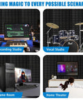 Four Piece Black Acoustic Foam Wall Panels 48 By 24 By 2 Inches High Density Fire Resistant Sound Dampening Tiles in studio settings.