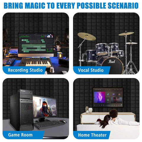 Four Piece Black Acoustic Foam Wall Panels 48 By 24 By 2 Inches High Density Fire Resistant Sound Dampening Tiles in studio settings.