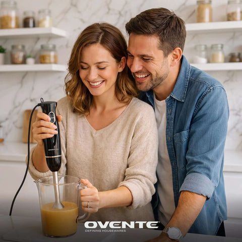 Badass Electric Hand Blender Set With Dual Speed Settings And 300 Watt Motor Includes Whisk Tool And BPA Free Chopper Cup use in kitchen for blending.